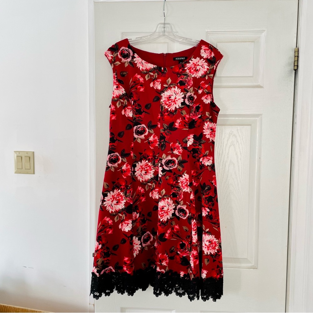 Roz & Ali Red Floral Lace Bottom Dress